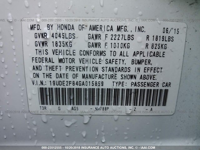 19UDE2F84GA015859 - 2016 ACURA ILX PREMIUM STYLE/TECH STYLE WHITE photo 9