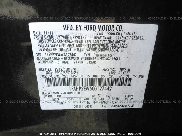 1FAHP2EW6CG127442 - 2012 FORD TAURUS SEL BLACK photo 9