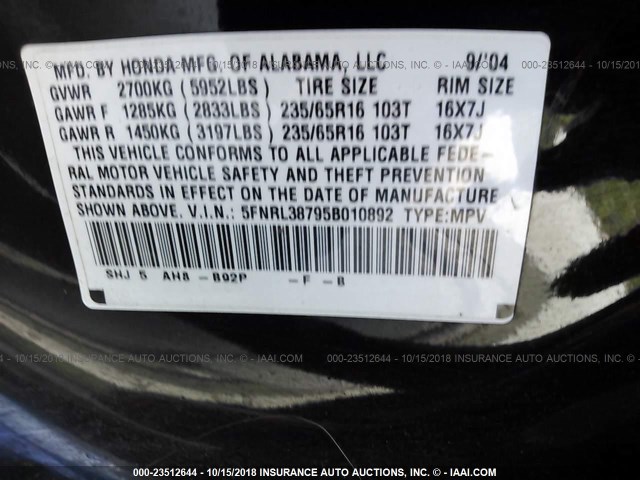 5FNRL38795B010892 - 2005 HONDA ODYSSEY EXL BLACK photo 9