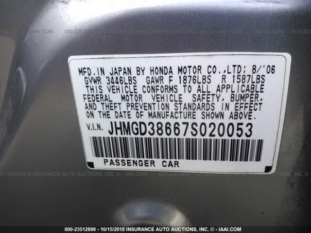 JHMGD38667S020053 - 2007 HONDA FIT S GRAY photo 9