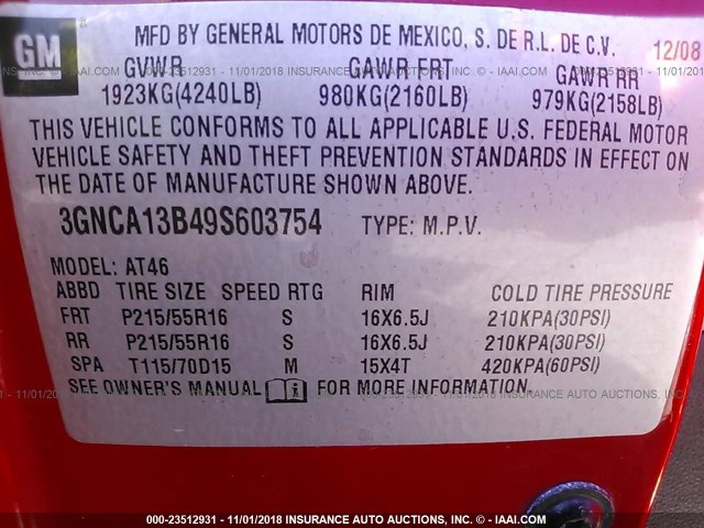 3GNCA13B49S603754 - 2009 CHEVROLET HHR LS Rojo foto 9