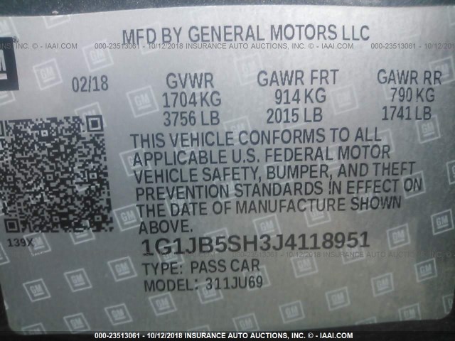 1G1JB5SH3J4118951 - 2018 CHEVROLET SONIC LS 灰色 照片 9