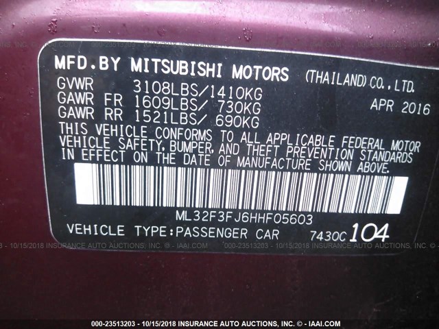 ML32F3FJ6HHF05603 - 2017 MITSUBISHI MIRAGE G4 ES მუქწითელი ფოტო 9