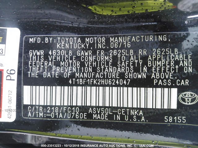 4T1BF1FK2HU624047 - 2017 TOYOTA CAMRY LE/XLE/SE/XSE BLACK photo 9