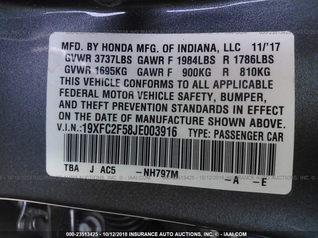 19XFC2F58JE003916 - 2018 HONDA CIVIC LX 灰色 照片 9