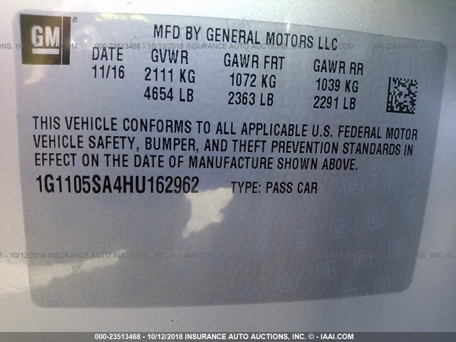 1G1105SA4HU162962 - 2017 CHEVROLET IMPALA LT SILVER photo 9