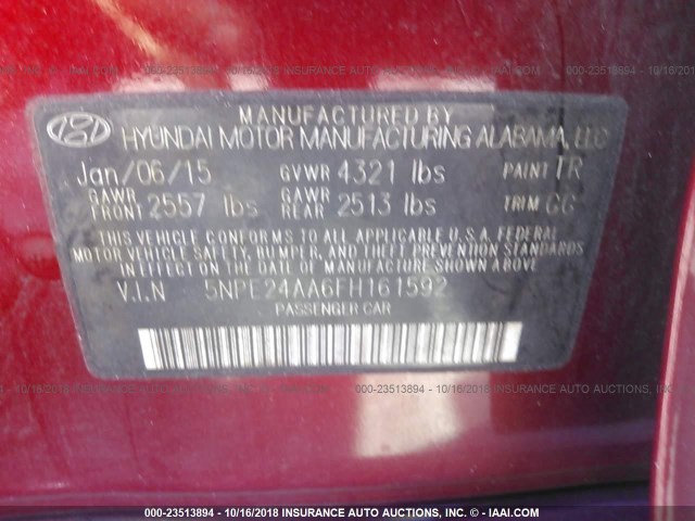 5NPE24AA6FH161592 - 2015 HYUNDAI SONATA ECO RED photo 9