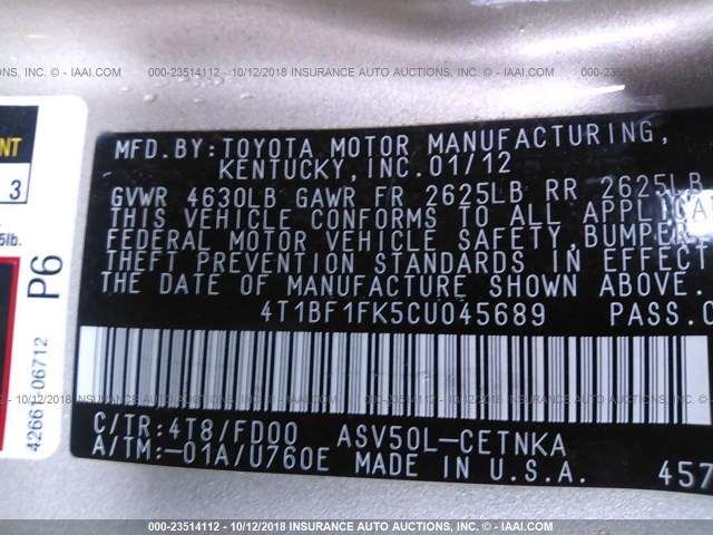 4T1BF1FK5CU045689 - 2012 TOYOTA CAMRY SE/LE/XLE 金色 照片 9