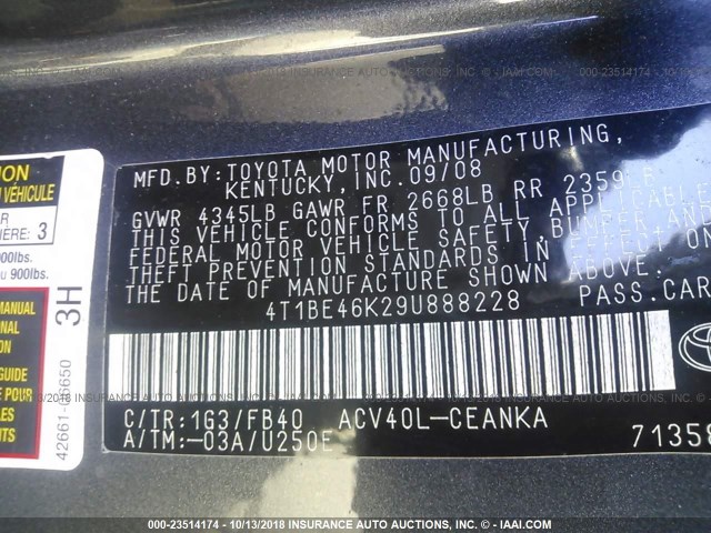 4T1BE46K29U888228 - 2009 TOYOTA CAMRY SE/LE/XLE GRAY photo 9