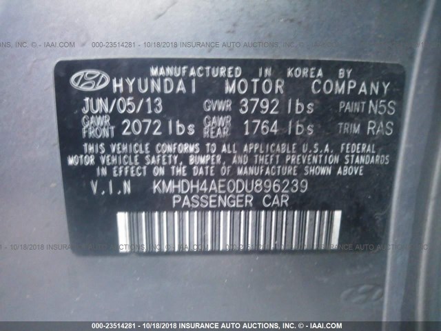 KMHDH4AE0DU896239 - 2013 HYUNDAI ELANTRA GLS/LIMITED SILVER photo 9