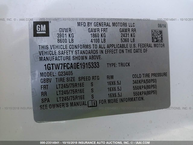 1GTW7FCA0E1915333 - 2014 GMC SAVANA G2500 WHITE photo 9