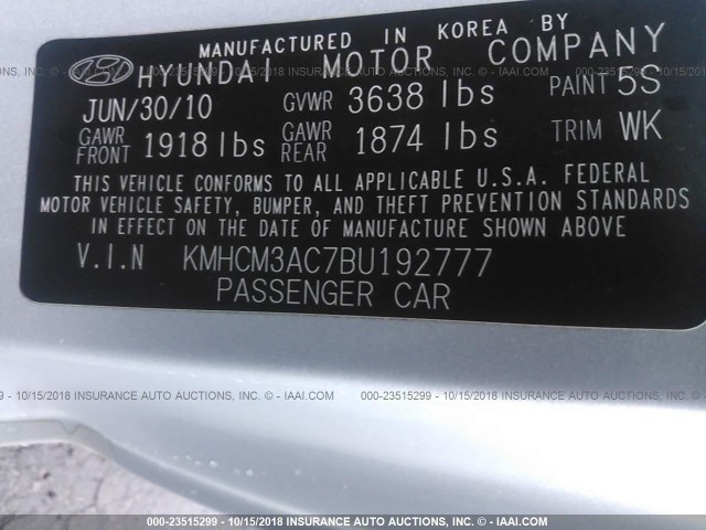 KMHCM3AC7BU192777 - 2011 HYUNDAI ACCENT GL SILVER photo 9