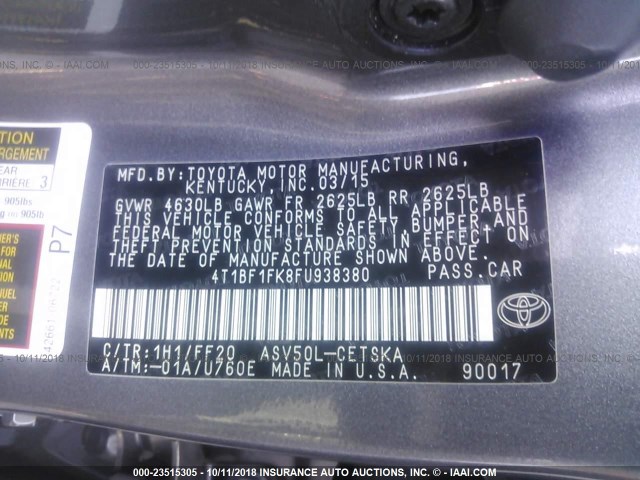 4T1BF1FK8FU938380 - 2015 TOYOTA CAMRY LE/XLE/SE/XSE GRAY photo 9