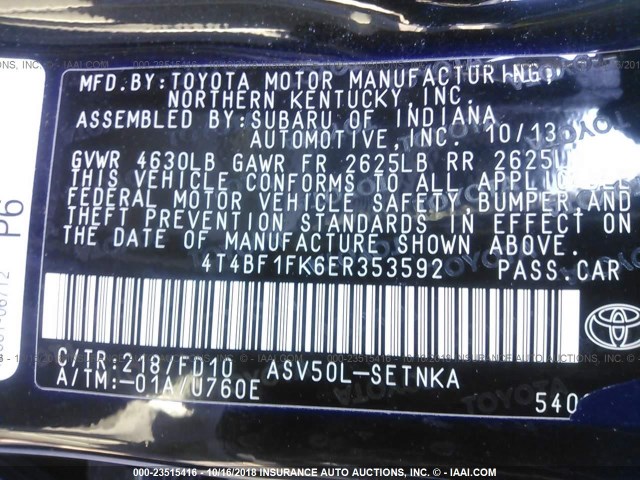 4T4BF1FK6ER353592 - 2014 TOYOTA CAMRY L/SE/LE/XLE Qara foto 9