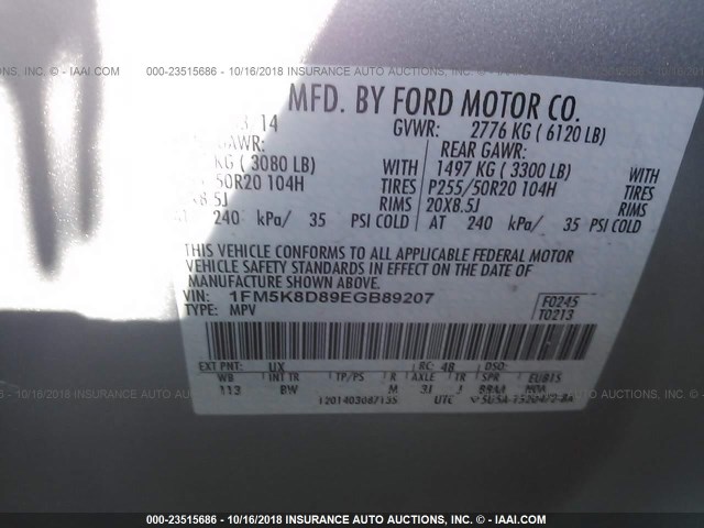 1FM5K8D89EGB89207 - 2014 FORD EXPLORER XLT SILVER photo 9