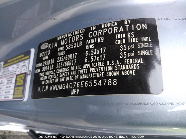 KNDMG4C76E6554788 - 2014 KIA SEDONA LX BLUE photo 9