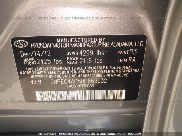 5NPEC4AC8DH663032 - 2013 HYUNDAI SONATA SE/LIMITED GRAY photo 9