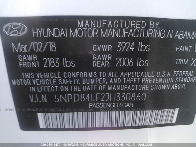 5NPD84LF2JH330860 - 2018 HYUNDAI ELANTRA SEL/VALUE/LIMITED WHITE photo 9