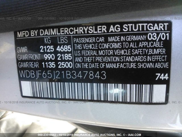 WDBJF65J21B347843 - 2001 MERCEDES-BENZ E 320 SILVER photo 9