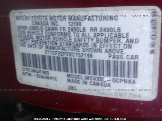 2T1CF22P2XC152198 - 1999 TOYOTA CAMRY SOLARA SE/SLE წითელი ფოტო 9