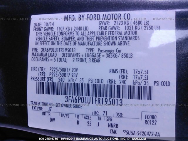 3FA6P0LU1FR195013 - 2015 FORD FUSION SE HYBRID GRAY photo 9