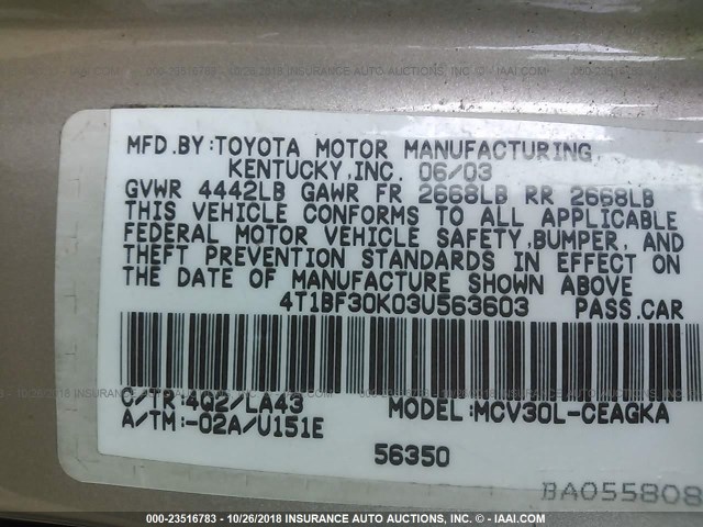 4T1BF30K03U563603 - 2003 TOYOTA CAMRY LE/XLE/SE TAN photo 9