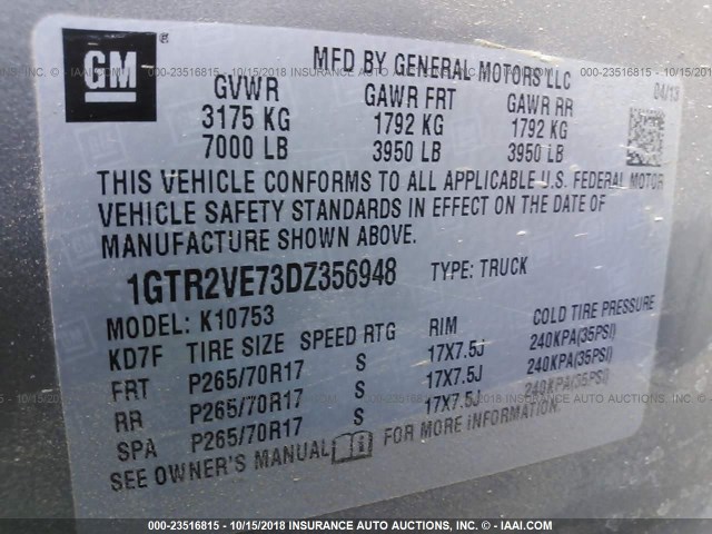 1GTR2VE73DZ356948 - 2013 GMC SIERRA K1500 SLE GRAY photo 9