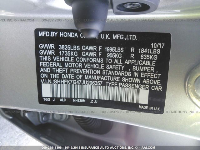 SHHFK7G47JU206357 - 2018 HONDA CIVIC SPORT SILVER photo 9