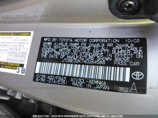 JTDBE32K740264588 - 2004 TOYOTA CAMRY LE/XLE GOLD photo 9