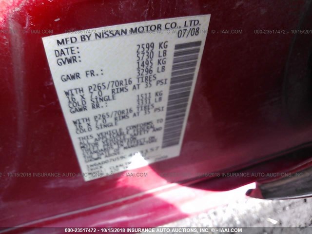 1N6AD07U59C403157 - 2009 NISSAN FRONTIER CREW CAB SE/LE/NISMO RED photo 9