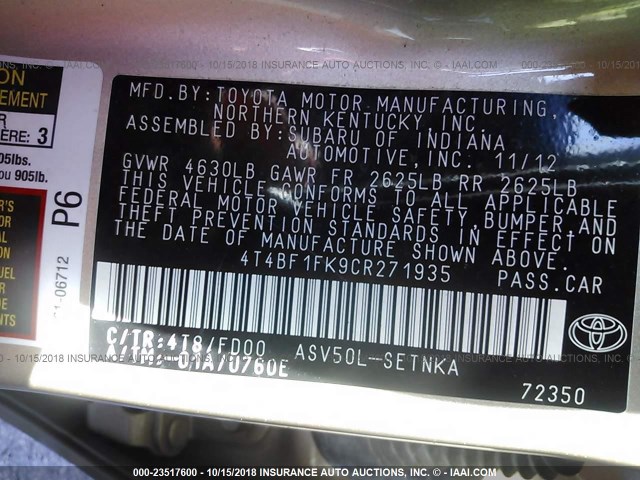 4T4BF1FK9CR271935 - 2012 TOYOTA CAMRY SE/LE/XLE GOLD photo 9