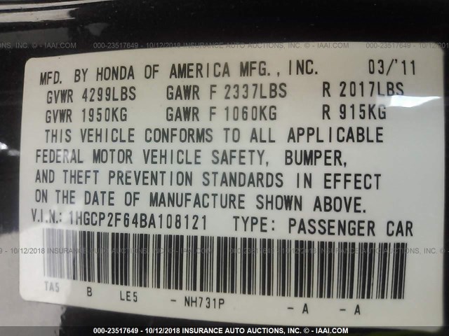 1HGCP2F64BA108121 - 2011 HONDA ACCORD SE BLACK photo 9