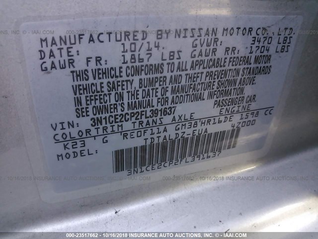 3N1CE2CP2FL391637 - 2015 NISSAN VERSA NOTE S/S PLUS/SV/SL/SR SILVER photo 9