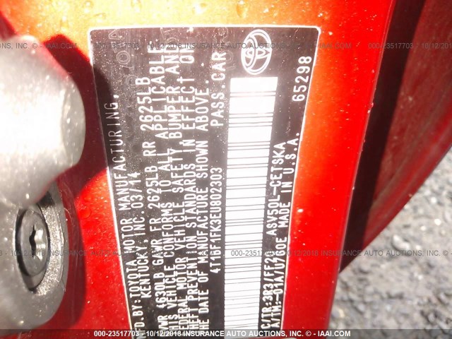 4T1BF1FK3EU802303 - 2014 TOYOTA CAMRY L/SE/LE/XLE RED photo 9