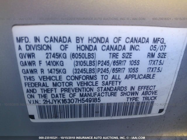 2HJYK16307H549185 - 2007 HONDA RIDGELINE RTX SILVER photo 9