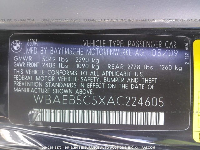 WBAEB5C5XAC224605 - 2010 BMW 650 I BLACK photo 9