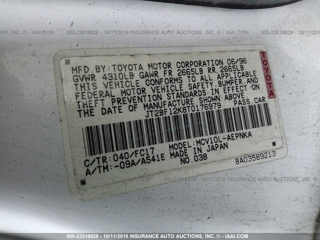 JT2BF12K8T0176979 - 1996 TOYOTA CAMRY LE/XLE/SE Beyaz fotoğraf 9