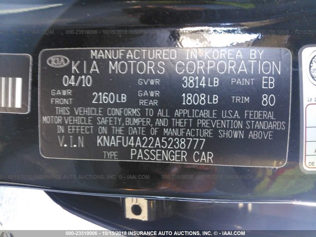 KNAFU4A22A5238777 - 2010 KIA FORTE EX BLACK photo 9