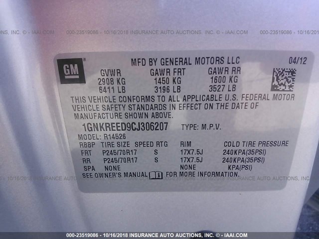 1GNKREED9CJ306207 - 2012 CHEVROLET TRAVERSE LS SILVER photo 9