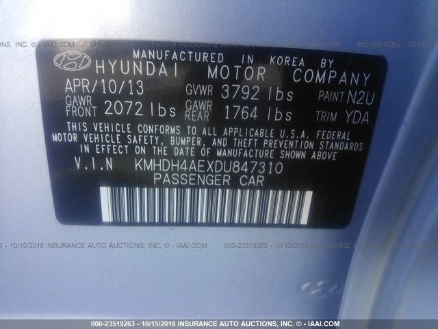 KMHDH4AEXDU847310 - 2013 HYUNDAI ELANTRA GLS/LIMITED BLUE photo 9