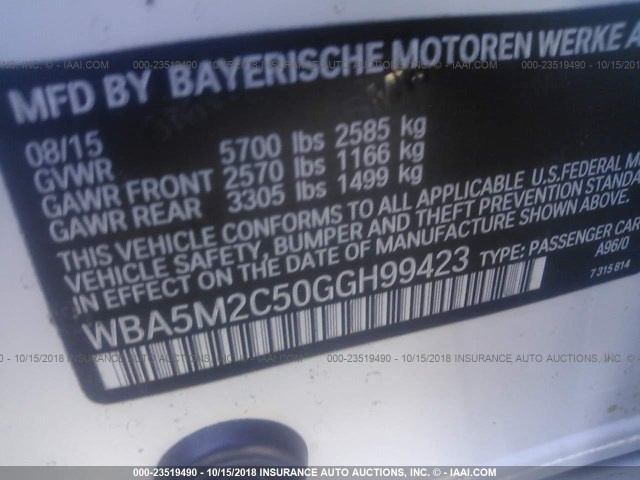 WBA5M2C50GGH99423 - 2016 BMW 535 IGT WHITE photo 9