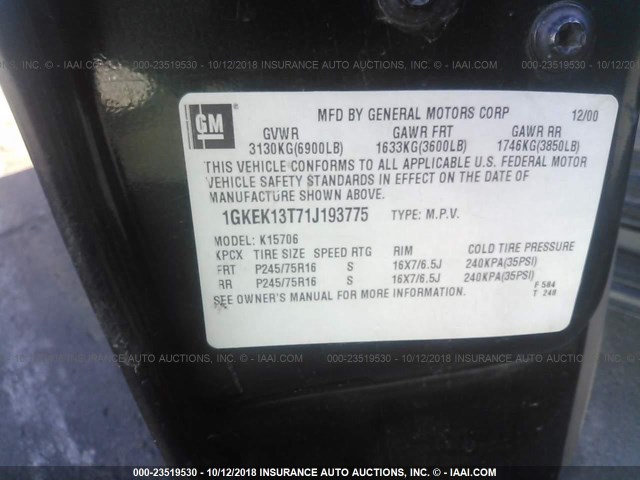 1GKEK13T71J193775 - 2001 GMC YUKON GREEN photo 9