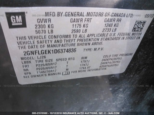 2GNFLGEK1D6374836 - 2013 CHEVROLET EQUINOX LTZ GRAY photo 9