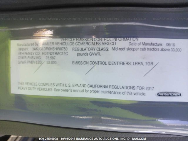 3AKJGLDR6HSHW0759 - 2017 FREIGHTLINER CASCADIA 125  GRAY photo 10