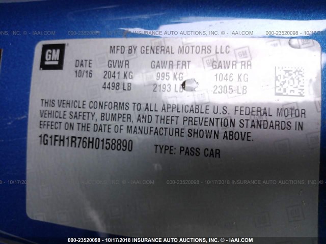 1G1FH1R76H0158890 - 2017 CHEVROLET CAMARO SS 蓝色 照片 9