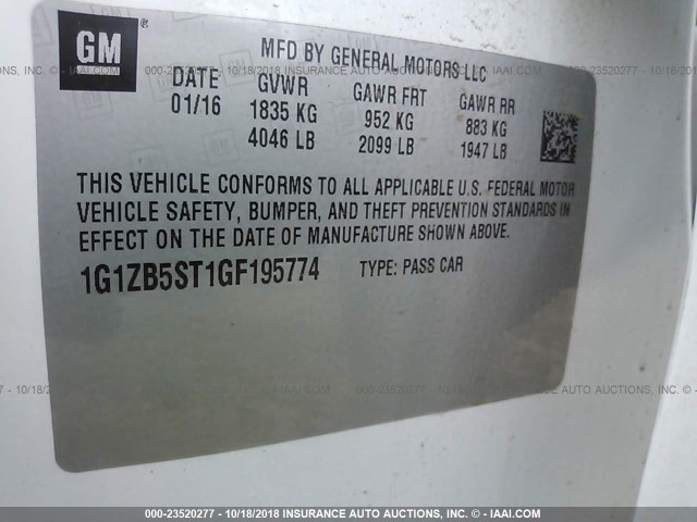 1G1ZB5ST1GF195774 - 2016 CHEVROLET MALIBU LS 白色 照片 9