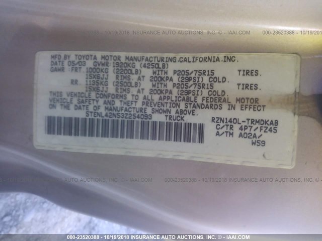 5TENL42N53Z254093 - 2003 TOYOTA TACOMA GOLD photo 9