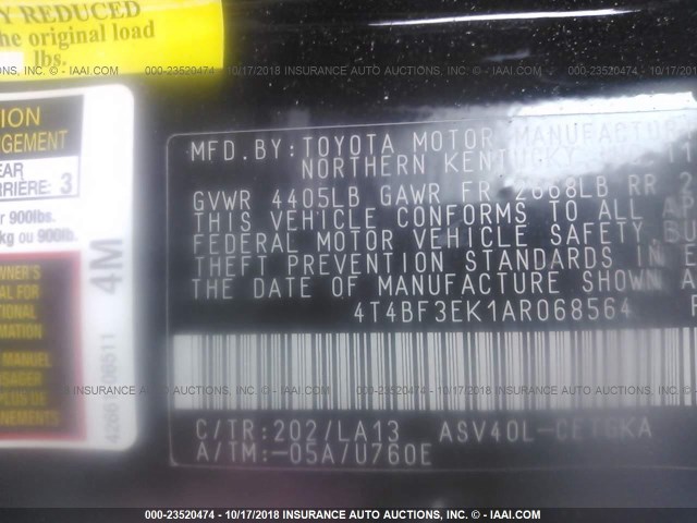 4T4BF3EK1AR068564 - 2010 TOYOTA CAMRY SE/LE/XLE BLACK photo 9