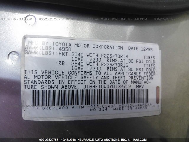 JT6HF10U0Y0122712 - 2000 LEXUS RX 300 SILVER photo 9