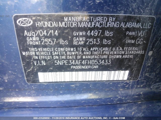 5NPE34AF4FH053433 - 2015 HYUNDAI SONATA SPORT/LIMITED BLUE photo 9